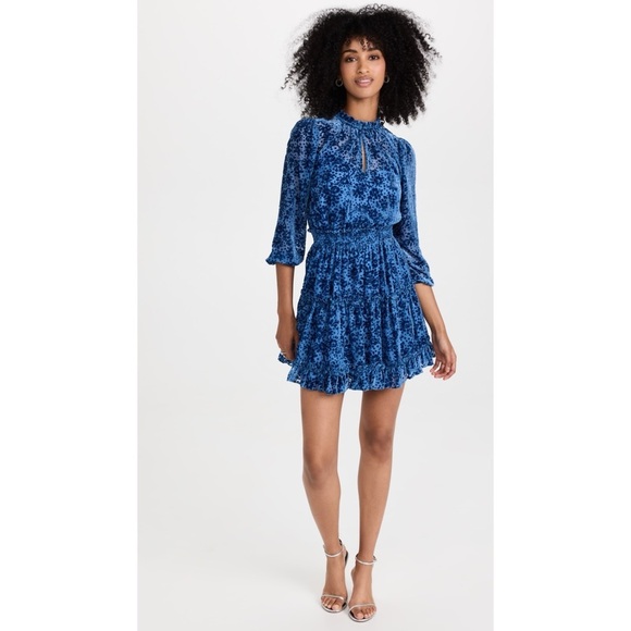 Shoshanna Sasha Mini Dress in Velvet Burnout Lapis Blue Floral Size 12 - Picture 1 of 16